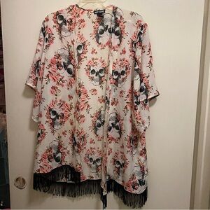 Hot Topic Womens Kimono Cardigan XL Skull Skulls Floral Print Black Pink White